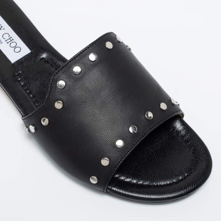 Pre Owned Jimmy Choo Black Leather Studded Nanda Flat Slides Size 39