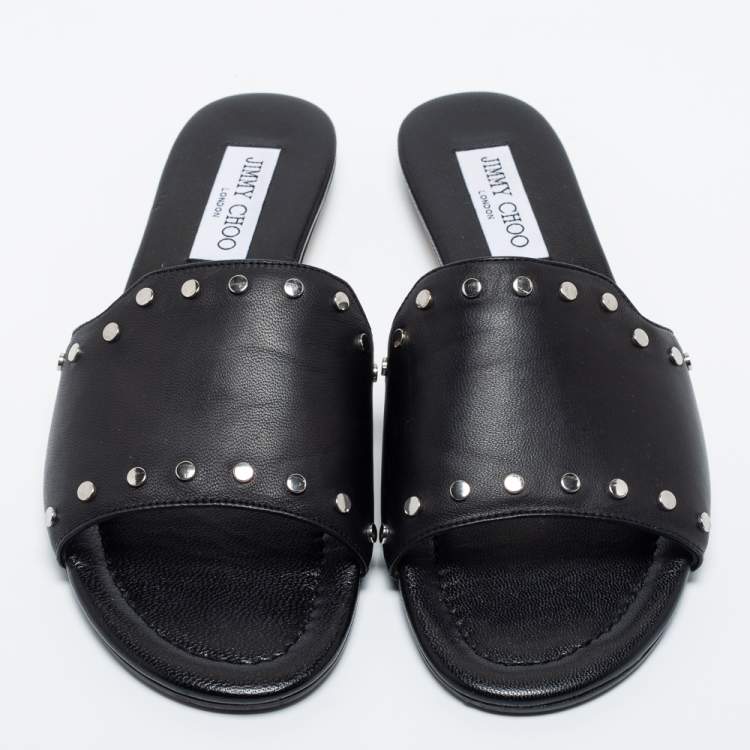 Pre Owned Jimmy Choo Black Leather Studded Nanda Flat Slides Size 39
