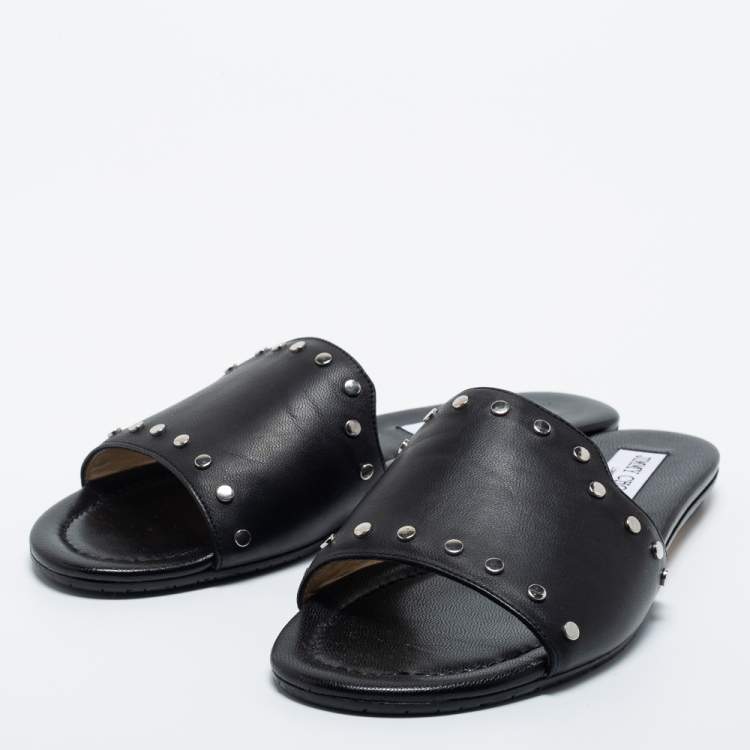 Pre Owned Jimmy Choo Black Leather Studded Nanda Flat Slides Size 39