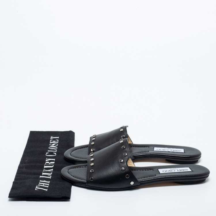 Pre Owned Jimmy Choo Black Leather Studded Nanda Flat Slides Size 39