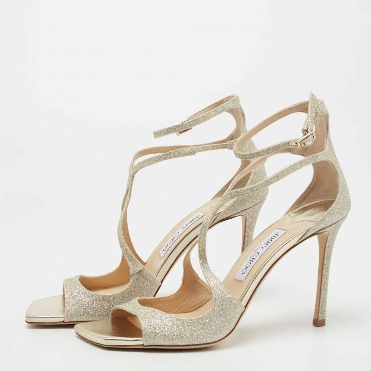 Pre Owned Jimmy Choo Metallic Silver Glitter and Leather Sandals Size 40