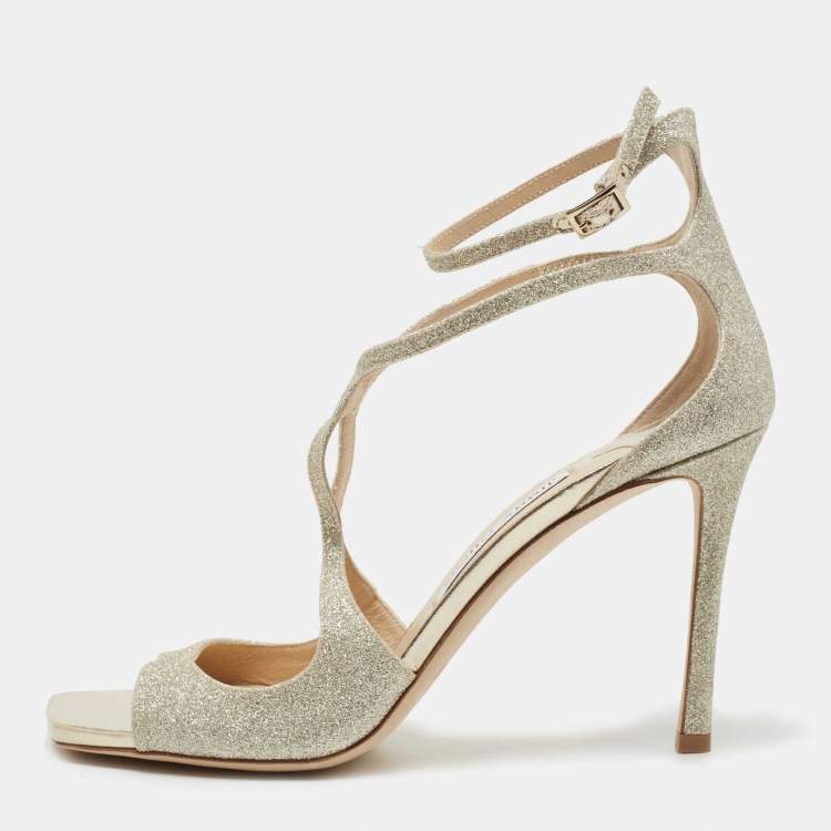 Pre Owned Jimmy Choo Metallic Silver Glitter and Leather Sandals Size 40