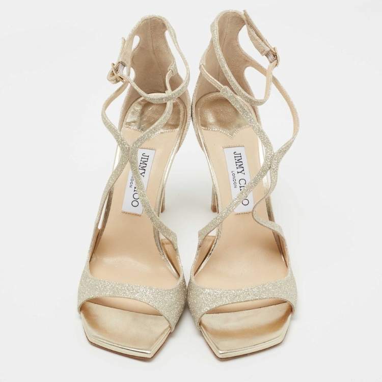 Pre Owned Jimmy Choo Metallic Silver Glitter and Leather Sandals Size 40