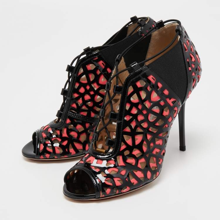 Pre Owned Jimmy Choo Black/Pink Mesh and Patent Leather Boots Size 37