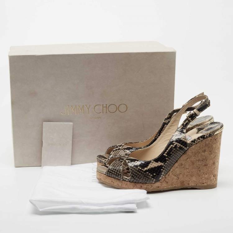 Pre Owned Jimmy Choo Beige/Black Python Embossed Leather Wedge Sandals Size 37