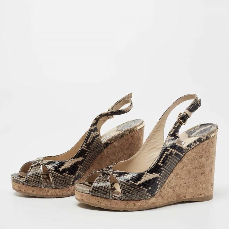 Pre Owned Jimmy Choo Beige/Black Python Embossed Leather Wedge Sandals Size 37