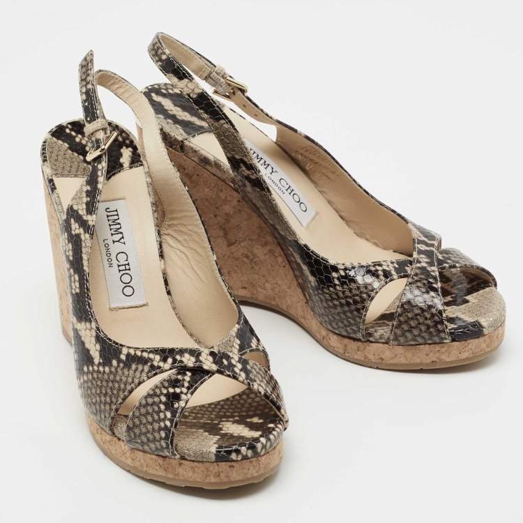 Pre Owned Jimmy Choo Beige/Black Python Embossed Leather Wedge Sandals Size 37