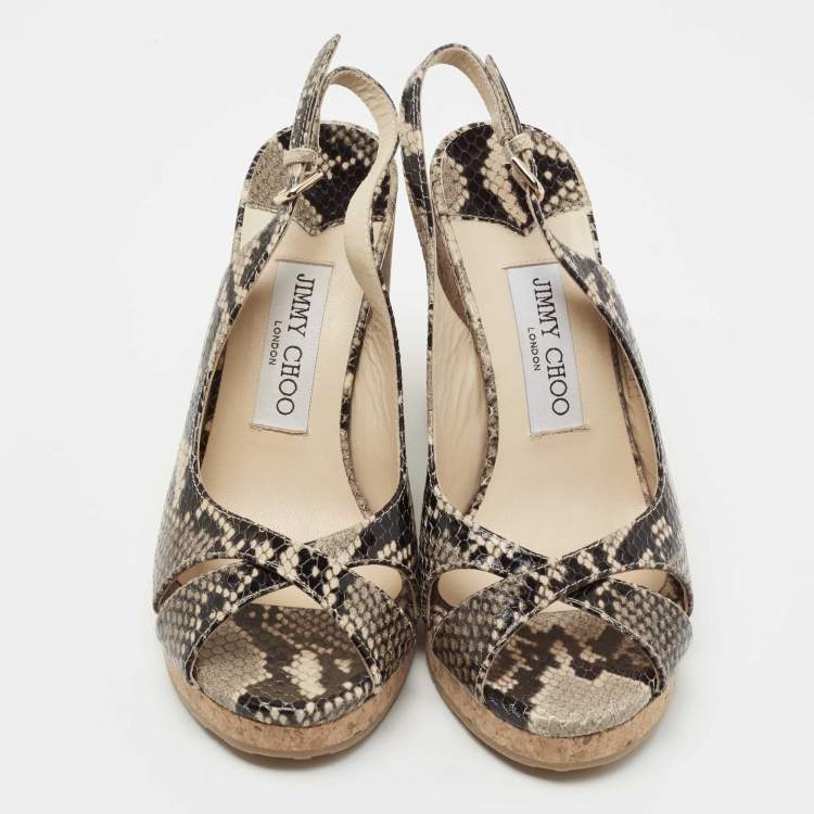 Pre Owned Jimmy Choo Beige/Black Python Embossed Leather Wedge Sandals Size 37