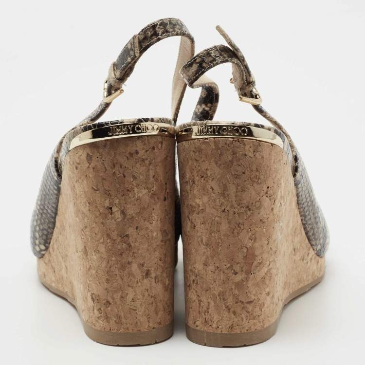 Pre Owned Jimmy Choo Beige/Black Python Embossed Leather Wedge Sandals Size 37