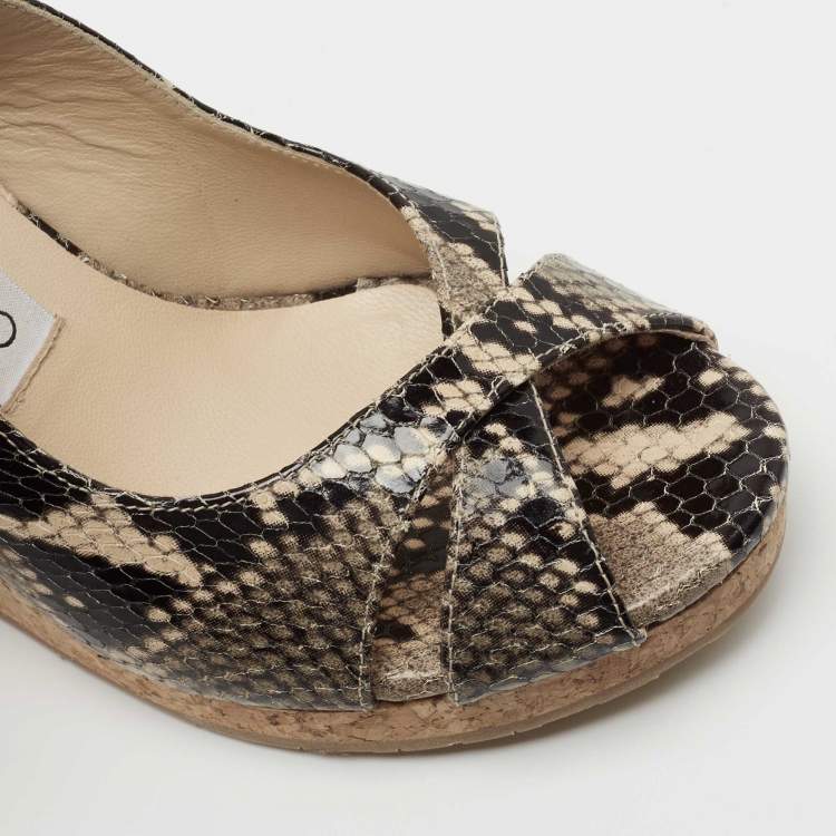 Pre Owned Jimmy Choo Beige/Black Python Embossed Leather Wedge Sandals Size 37