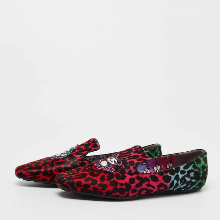Pre Owned Jimmy Choo Multicolor Leopard Print Calf Hair Embroidered Smoking Slippers Size 39