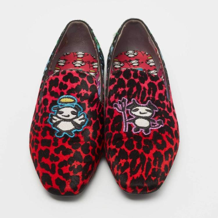 Pre Owned Jimmy Choo Multicolor Leopard Print Calf Hair Embroidered Smoking Slippers Size 39