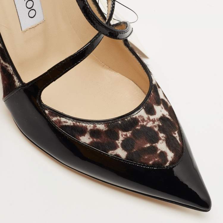 Pre Owned Jimmy Choo Black/Beige Patent and Calf hair Pointed Toe Pumps Size 37.5