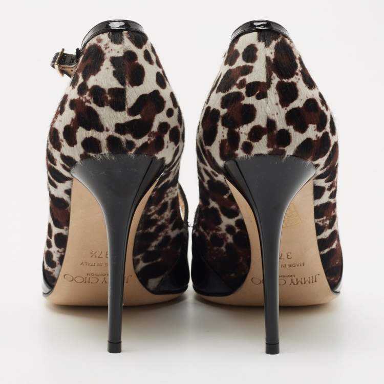 Pre Owned Jimmy Choo Black/Beige Patent and Calf hair Pointed Toe Pumps Size 37.5