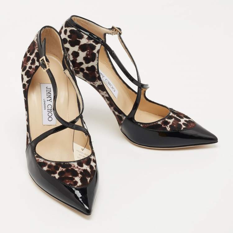 Pre Owned Jimmy Choo Black/Beige Patent and Calf hair Pointed Toe Pumps Size 37.5