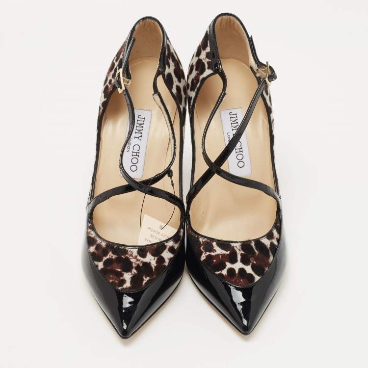 Pre Owned Jimmy Choo Black/Beige Patent and Calf hair Pointed Toe Pumps Size 37.5