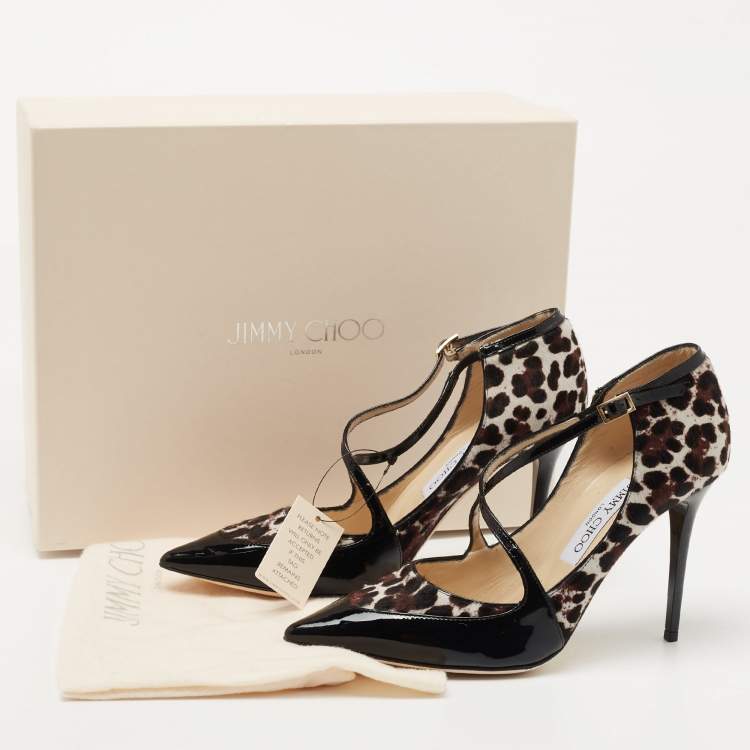 Pre Owned Jimmy Choo Black/Beige Patent and Calf hair Pointed Toe Pumps Size 37.5