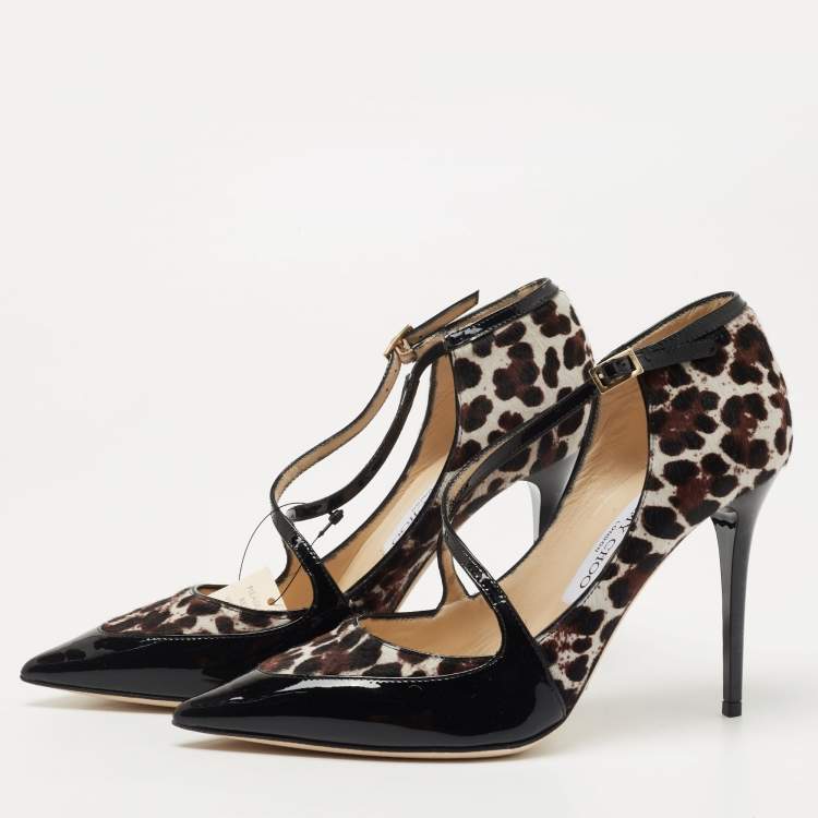 Pre Owned Jimmy Choo Black/Beige Patent and Calf hair Pointed Toe Pumps Size 37.5