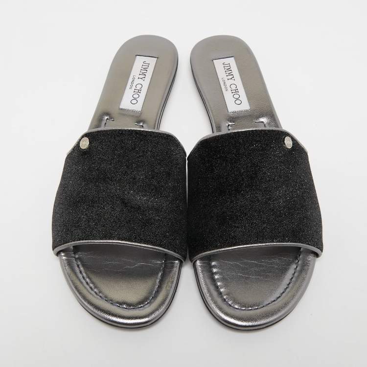 مملوكة مسبقًا Jimmy Choo Silver Glitter Velvet and Leather  Nanda Slides Size 39