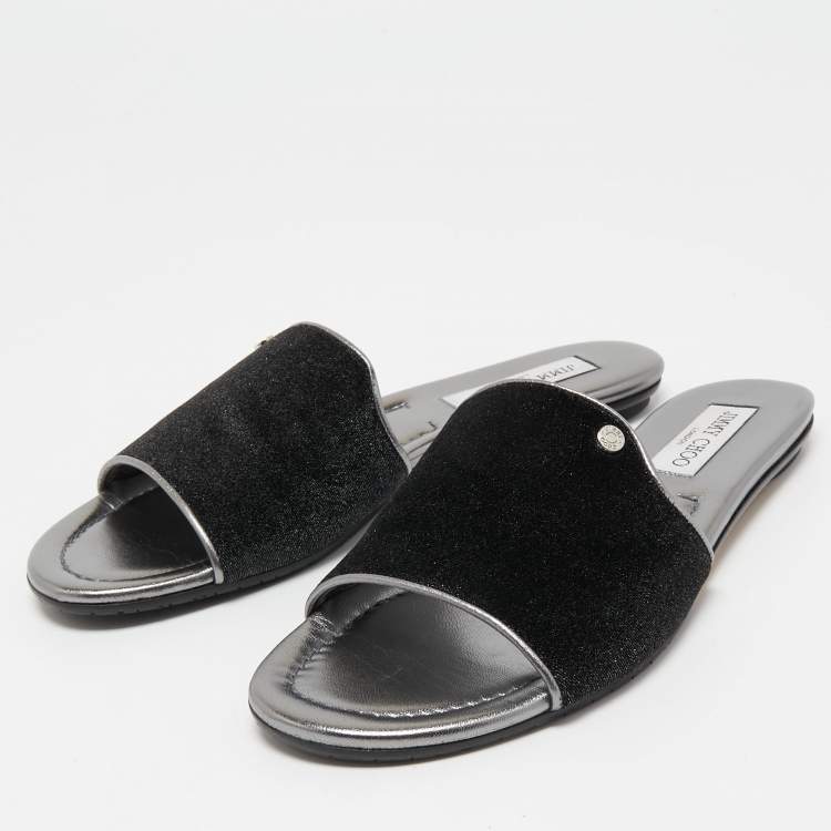مملوكة مسبقًا Jimmy Choo Silver Glitter Velvet and Leather  Nanda Slides Size 39