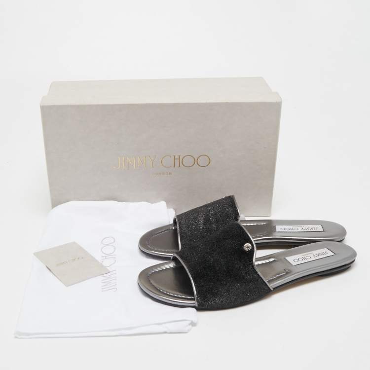 مملوكة مسبقًا Jimmy Choo Silver Glitter Velvet and Leather  Nanda Slides Size 39
