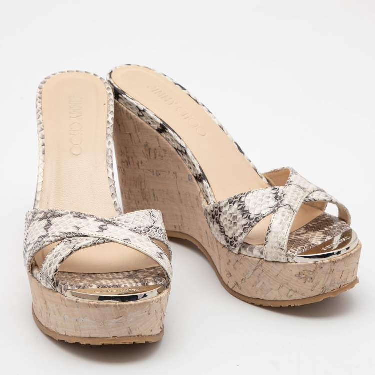 Pre Owned Jimmy Choo Black/White Watersnake Perfume Cork Sandals Size 36