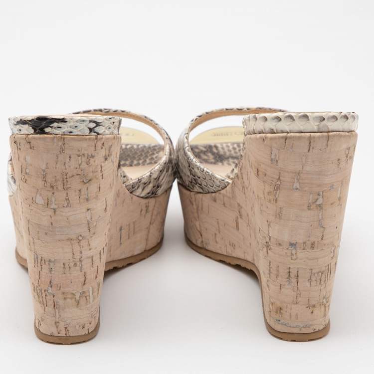 Pre Owned Jimmy Choo Black/White Watersnake Perfume Cork Sandals Size 36