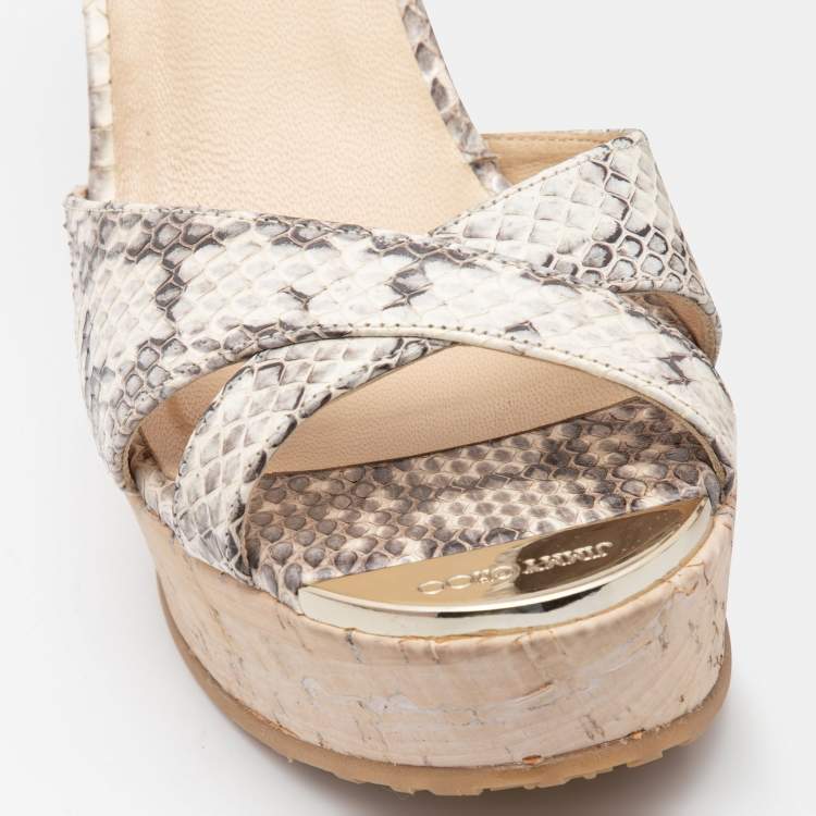 Pre Owned Jimmy Choo Black/White Watersnake Perfume Cork Sandals Size 36