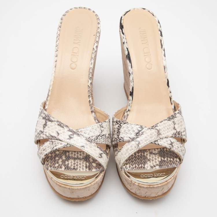 Pre Owned Jimmy Choo Black/White Watersnake Perfume Cork Sandals Size 36