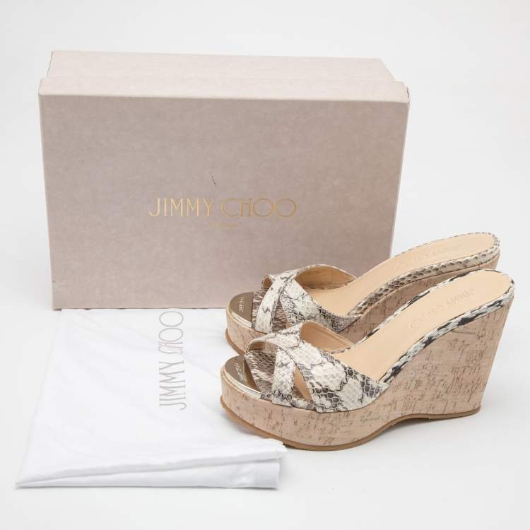 Pre Owned Jimmy Choo Black/White Watersnake Perfume Cork Sandals Size 36