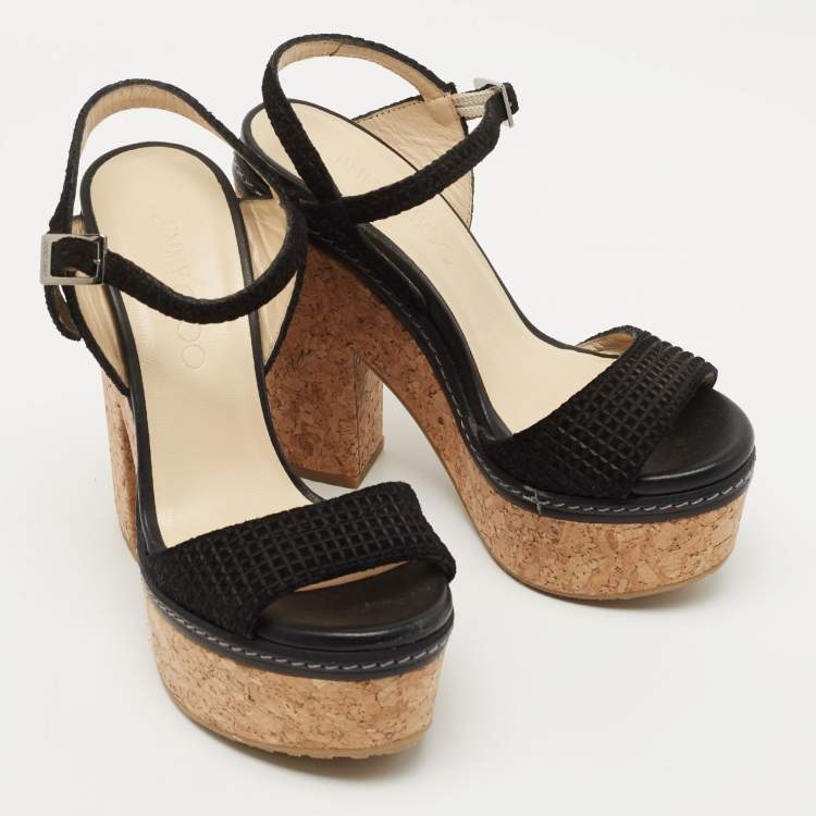 Pre Owned Jimmy Choo Black Textured Suede Naylor Cork Platform Sandals Size 35