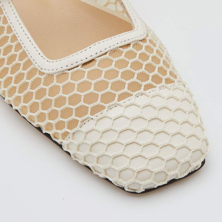 Pre Owned Jimmy Choo White Mesh and Leather Pearl Embellished Ballet Flats Size 36.5