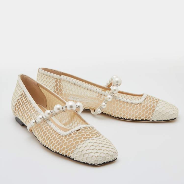 Pre Owned Jimmy Choo White Mesh and Leather Pearl Embellished Ballet Flats Size 36.5