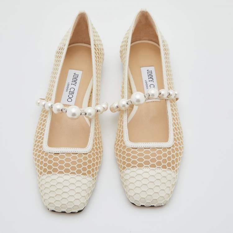 Pre Owned Jimmy Choo White Mesh and Leather Pearl Embellished Ballet Flats Size 36.5