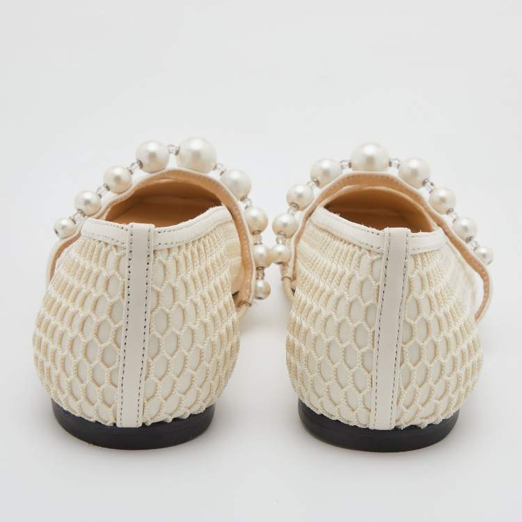 Pre Owned Jimmy Choo White Mesh and Leather Pearl Embellished Ballet Flats Size 36.5