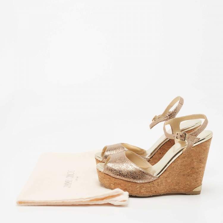 Pre Owned Jimmy Choo Metallic Laminated Suede Perla Cork Wedge Sandals Size 38.5