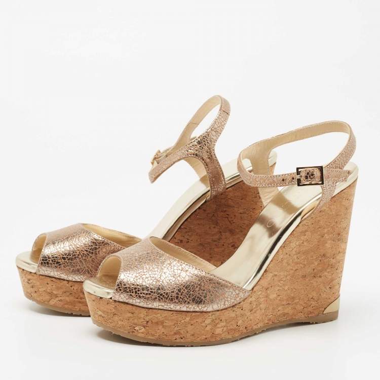 Pre Owned Jimmy Choo Metallic Laminated Suede Perla Cork Wedge Sandals Size 38.5