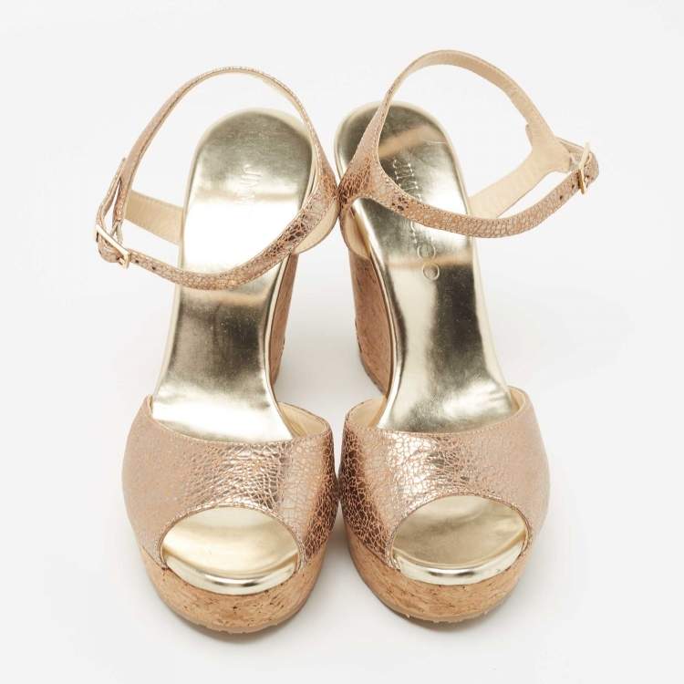 Pre Owned Jimmy Choo Metallic Laminated Suede Perla Cork Wedge Sandals Size 38.5