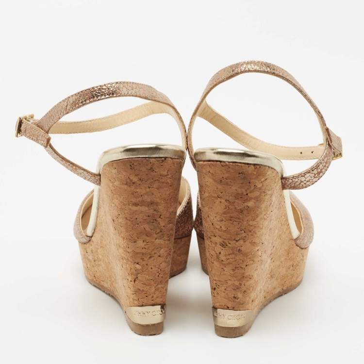 Pre Owned Jimmy Choo Metallic Laminated Suede Perla Cork Wedge Sandals Size 38.5