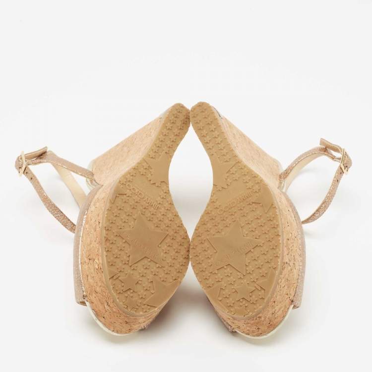 Pre Owned Jimmy Choo Metallic Laminated Suede Perla Cork Wedge Sandals Size 38.5