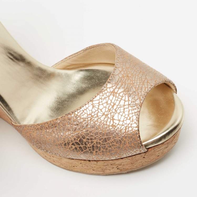 Pre Owned Jimmy Choo Metallic Laminated Suede Perla Cork Wedge Sandals Size 38.5