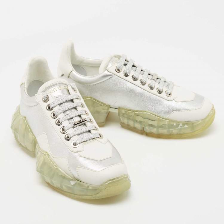 Pre Owned Jimmy Choo Silver/White Leather Diamond Sneakers Size 37