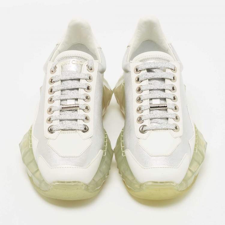 Pre Owned Jimmy Choo Silver/White Leather Diamond Sneakers Size 37