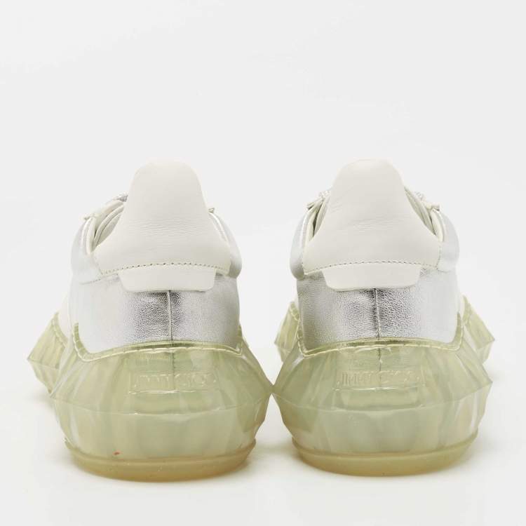 Pre Owned Jimmy Choo Silver/White Leather Diamond Sneakers Size 37