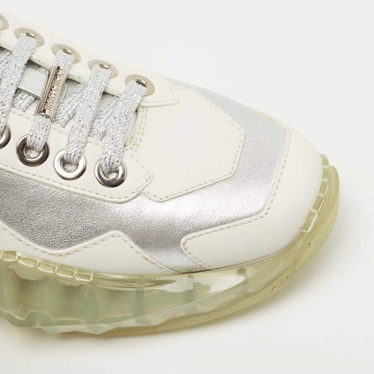Pre Owned Jimmy Choo Silver/White Leather Diamond Sneakers Size 37