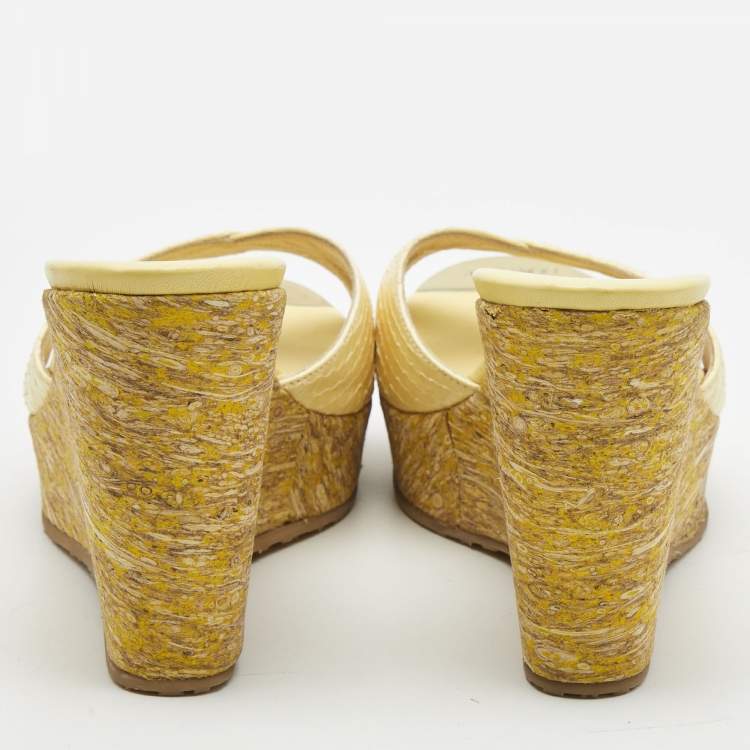 Pre Owned Jimmy Choo Yellow Python Leather Prima Wedge Sandals Size  38.5