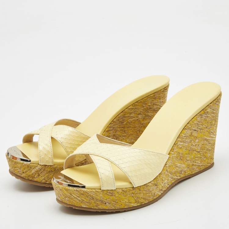 Pre Owned Jimmy Choo Yellow Python Leather Prima Wedge Sandals Size  38.5
