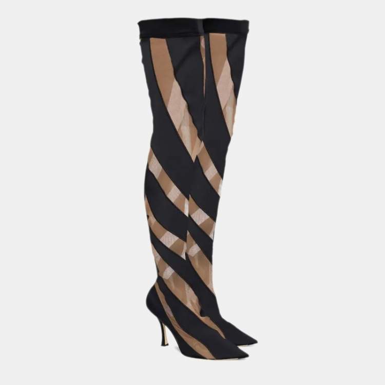 Pre Owned Jimmy Choo-X-Mugler Two Tone Fabric and Net JCxM Over the Knee Boots Size 40