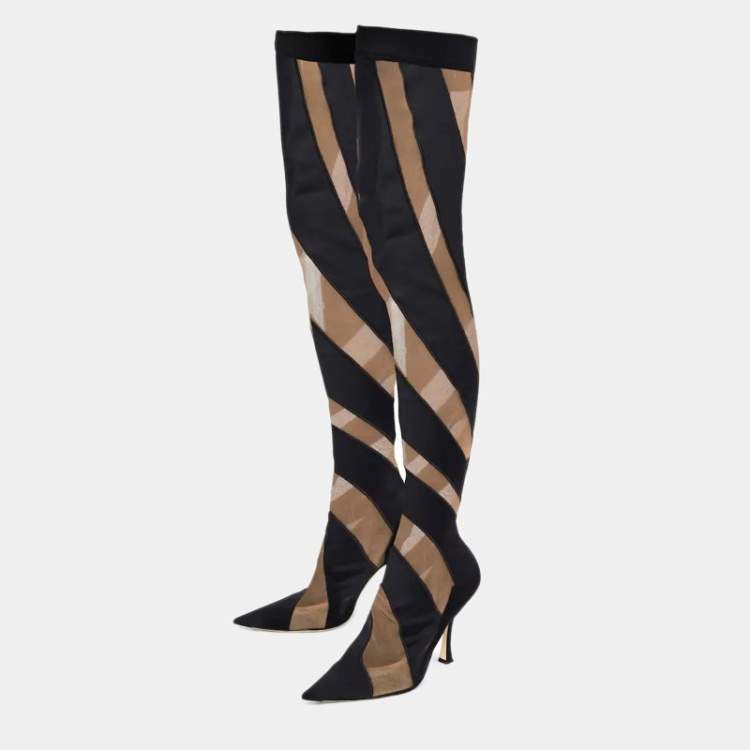 Pre Owned Jimmy Choo-X-Mugler Two Tone Fabric and Net JCxM Over the Knee Boots Size 40