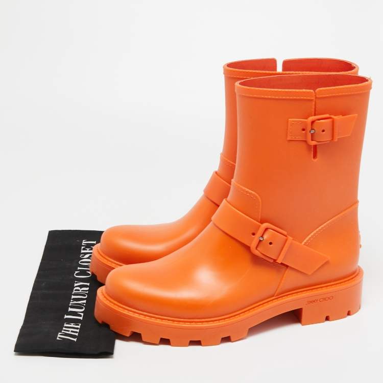 Pre Owned Jimmy Choo Orange Rubber Rain Boots Size 42